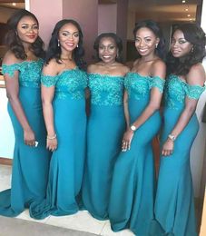 Turquoise Teal Blue Mermaid Bridesmaid Dresses Off Shoulder Lace Applique African Wedding Guest Maid of Honour Gowns BD8960