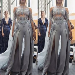 modest silver jumpsuits prom dresses sheer halter front split pantsuit evening gowns party gowns plus size robes de soire