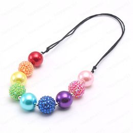 Rainbow Rhinstone Beads Chunky Necklace Girls Kids Adjustable Rope Necklace Colourful Chunky Jewellery For Child