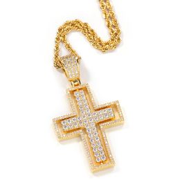 New Hip Hop 18K Gold Plated Double Sided Cross Necklace Pendant with Rope Chain Tennis Chain