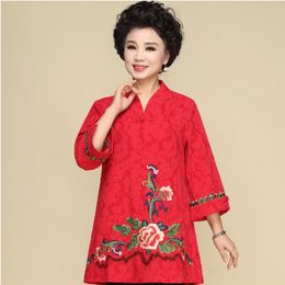 New female Chinese traditional tang suit embroidered flowers cheongsam style top vintage women plus size cotton linen ethnic clothing