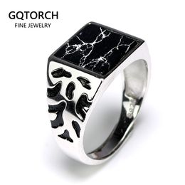 925 Sterling Silver Vintage Men's Rings Adjustable Square Shaped Black Stone Flower Pattern Design Male Turkey Jewelry