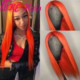 Free shipping Heat Resistant Long Silky Straight Orange Color Wigs with baby hair Synthetic Lace Front Wigs for Black American Women