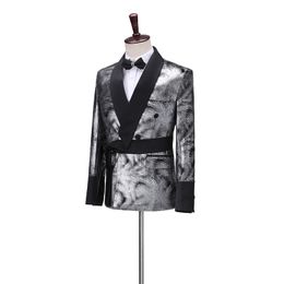 Latest Coat Pant Designs 2020 Slim Shiny Silver Smoking Jacket Italian Tuxedo Dress Double Breasted Men Suits For Wedding Groom351a