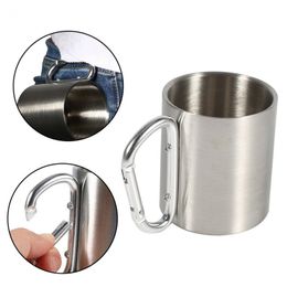 Stainless Steel Metal Camping Cups Travelling Outdoor Cup Double Wall Mug With Carabiner Hook Handle Coffee Mug Tea Cup