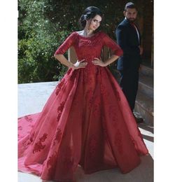 Burgundy Long Arabic Evening Formal Dresses 2019 Mermaid Prom Dress With Sleeves Lace Vestidos De Festia Party Dress South African Women