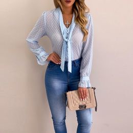 Fashion Button Tie Polka Dot Long Sleeve Shirt Womens Tops and Blouses 2019 Summer Chiffon Blouse Women Plus Size Blusas S-5XL