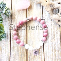 MG0633 A Grade Rhodonite Women`s Lotus Bracelet Natural Snow Quartz Women`s Yoga Bracelet Trendy Design Heart Chakra Mala Bracelet