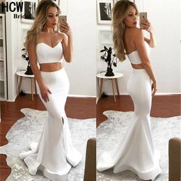 two piece prom dresses slit UK - 2020 White Two Piece Prom Dresses Mermaid Front Slit Satin Floor Length Sweetheart Neckline Custom Made Simple Evening Party Gowns