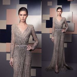 Ziad Nakad Latest Evening Dresses Sexy Deep V Neck Lace Sequins Long Sleeve Prom Gowns Custom Made Luxurious Sheath Formal Party Dresses