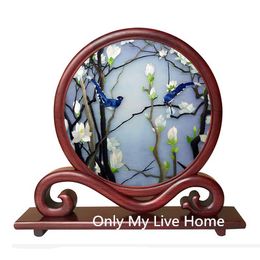 Fine Decorative Office Home Accessories Crafts Table Decorations Ornaments Hand Chinese Silk Embroidery Pattern Works with Padauk Frame Gift