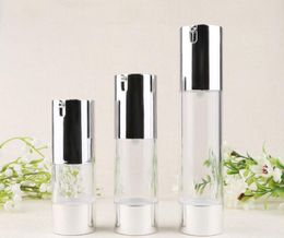 100pcs Airless Pump Bottle 15ml 30ml 50ml Silver Cosmetic Liquid Cream Container Lotion Essence Bottles SN229