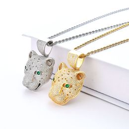 Iced out Green Eye Leopard head necklace For Women Bling CZ zirconia animal Pendant Gold Silver chains Women Hip hop Rapper Jewelry