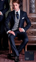 Navy Blue Groom Tuxedos Notch Lapel Groomsman Wedding 3 Piece Suit Fashion Men Business Prom Party Jacket Blazer(Jacket+Pants+Tie+Vest)2288