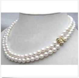 Double strands 8-9mm natural south sea white pearl necklace 18" 14K GOLD CLASP