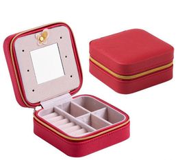 Mini Travel portable leather Jewellery box with mirror cosmetic makeup Organiser earrings Casket three-tier storage box best gift SN1684