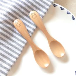 New Cute Cartoon Handle Wood Spoon for Children Safe Anti-scalding Small Round Spoon Wooden Tableware WB89