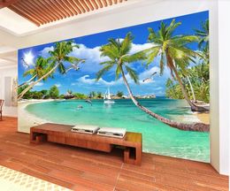 Custom Mural Wallpaper For Walls 3D Stereoscopic Hawaiian Beach Coconut Tree TV Backgrou Bedroom TV Background Home Wall Decoration Painting