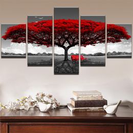 Modulare Leinwand, HD-Drucke, Poster, Heimdekoration, Wandkunst, Bilder, 5 Stück, roter Baum, Kunst, Landschaft, Landschaftsgemälde, Rahmen