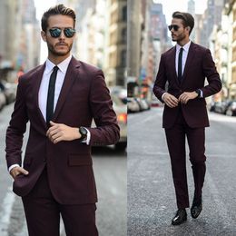 Burgundy Groom Tuxedos Wedding Suits For Men Jackets 2 Pieces Custom Made Slim Fit Mens Prom Dinner Blazer(Jacket+Pants)