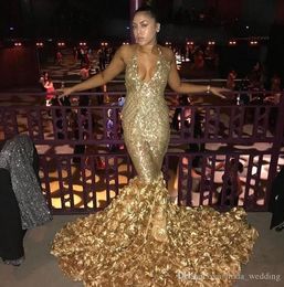 Sexy Gold Mermaid Prom Dresses Glamorous African Black Girls Deep V Neck Holidays Graduation Wear Evening Party Gowns Custom Made Plus Size