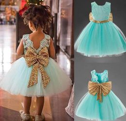 Gold Sequins Big Bow Flower Girl Dress Lace Tulle Little Toddler Tutu Kids Birthday Party Short Gowns Girls Pageant Dress Customize