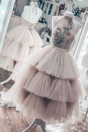 ball gown nude tulle evening gowns short tealength party dress tiered skirts backless evening dresses robe de soiree vestidos de fiesta