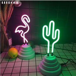 Dropship 3D Flamingo Cactus Shaped Neon Nightlight DC 5V Pink Green Handcrafted Glass Tube Neon Lamp For Festival Decoration