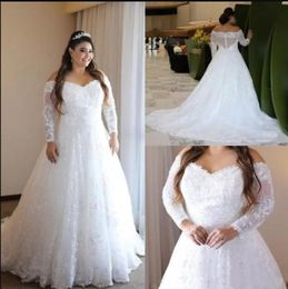 Plus Size A Line Wedding Dresses Off Shoulder Tulle Lace Appliques Zipper Back Sweep Train Custom Made Formal Bridal Gowns