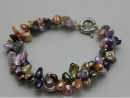 FREE SHIPPING> 2 strands Multi-Color keshi reborn pearl bracelet 9INCH 6x9mm"Handmade" Alloy