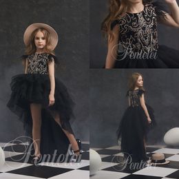 Black Flower Girls Dresses Sleeveless Jewel Neck Feather Beads Tulle Girls Pageant Dresses High Low Girls Party Gowns