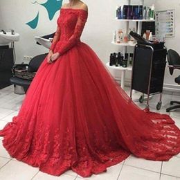 2021 Boat Neck Long Sleeves Ball Gown Appliques Tulle Formal Prom Dress New Red Evening Dresses Vestidos de festa Free Shipping