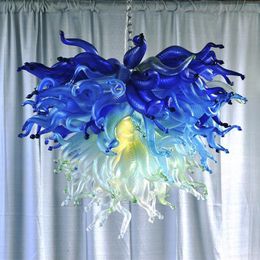 Blue Villa Hanging Ceiling Lights LED 32 inch Hand Blown Glass Chandelier Lighting