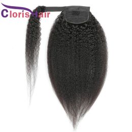 Thick Ponytail Yaki Human Hair Hoop And Loop Fastener Kinky Straight Ponytail Extensions Clip In Malaysian Virgin Wrap Around Pony Tail For Black Women