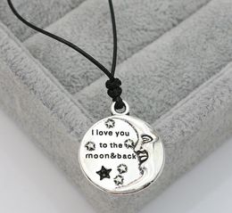 New Fashion Tibetan Silver Pendant I Love you to the Moon and back Necklace Choker Charm Black Leather Cord Handmade Jewellery