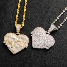 Iced Out Drip Heart Pendant Necklace Gold Silver Plated Micro Paved Cubic Zircon Hip Hop Rock Jewelry