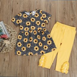 Kids Designer Clothes Girls Sunflower Dresses Solid Pants 2PCS Sets Short Sleeve Floral Girl Outfits Summer Kids Clothing DHW3221