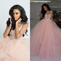 Blush Pink Prom Dresses Strap Scoop Neck Lace Evening Dress Tulle Ball Gown Formal Party Gowns