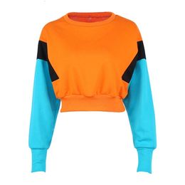 Women New Spring Autumn Cute Pinkycolor Orange Hoodies Long Sleeve Loose Crop Top Sweatshirt Casual Patchwork Pullovers