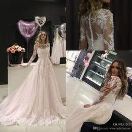 Elegant Sheer Neck Long Sleeves Lace A Line Wedding Dresses Tulle Lace Applique Beaded Sweep Train Wedding Dress Bridal Gowns Custom