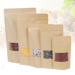 100pcs Waterproof Stand Up Package Zip Lock Pouches Tear Notch Brown Kraft Paper Storage bags With Window