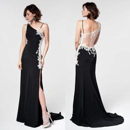 Black Mermaid Lace Appliqued Evening Dresses One Shoulder Side Split Prom Gowns Sweep Train See Through Back Formal Dress
