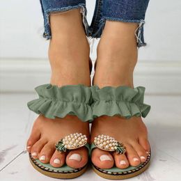 Women Girls Green Summer Slippers Beach Shoes Pearl Flat Bohemian Style Casual Sandals Slippers Beach Shoes zapatos de