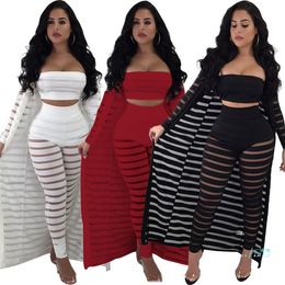 Women Three Piece Outfits Night Club Fashion Sexy Bodycon Lace Hollow Plus Size See-through Cloak Tube Top Leggings Set 3 Color C3274
