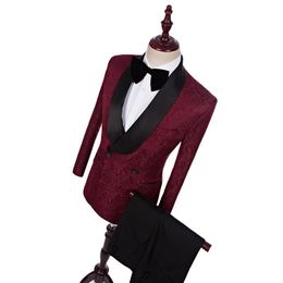 Handsome One Button Burgundy Paisley Groom Tuxedos Shawl Lapel Men Suits 2 pieces Wedding/Prom/Dinner Blazer (Jacket+Pants+Tie) W871