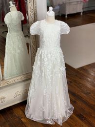 1st Communion Dresses for Little Girl 2019 A Line Cap Sleeves Hand-Made Flowers White Flower Girl Dress Zipper Back Floor Length Custom Made