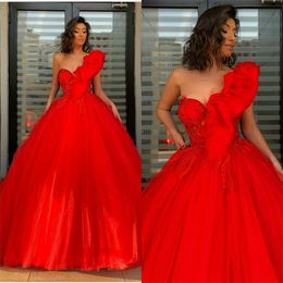 2020 Red A-line Evening Dresses Sexy One-shoulder Sleeveless Appliqued Lace Beaded Formal Party Dress Sweep Train Custom Made Pageant Gown