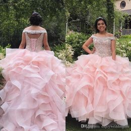 Pink Beaded Crystals Ball Gown Quinceanera Prom Dresses Off Shoulder Organza Tiered Formal Dress Sweet 15 Evening Party Sweet 16 Dress