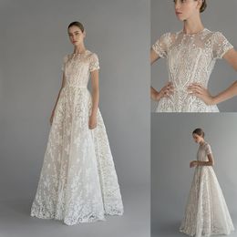 Modern A Line Chana Marelus Wedding Dresses Jewel Neck Short Sleeve Applique Sash Wedding Gowns Floor Length robe de mariée
