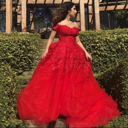 Red Short Sleeves Lace Prom Dresses 2020 sweetheart with Appliques Court Train Off Shoulder ruched Tulle Formal Evening Party Gowns